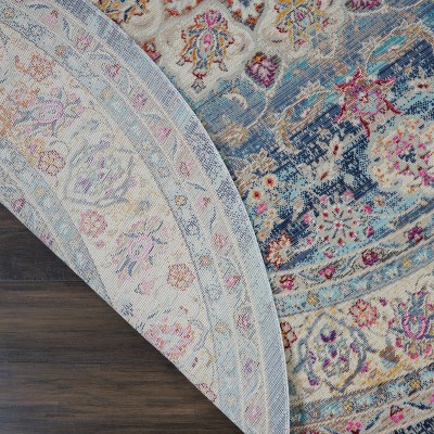 Vintage Kashan Round Blue Synthetic Persian-Inspired Rug, 6 ft