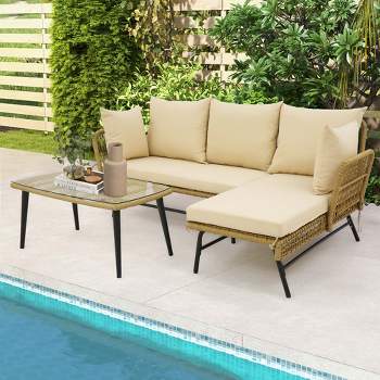 Costway 3 PCS L-Shaped Patio Sofa Set Conversation Furniture with Cushions Deck Garden Black/Beige