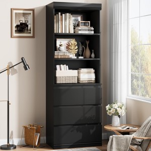 EcoSummer 70" Industrial Bookshelf with 3 Open Shelves & Drawers, Tall Bookcase for Living Room, Office, Black Finish - 1 of 4