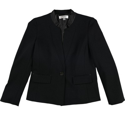 Kasper Womens Faux-Leather Trimmed Ponte One Button Blazer Jacket, Black, 4