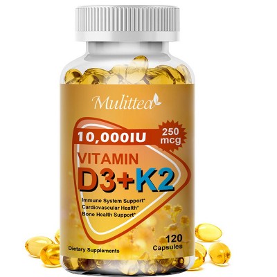 Mulittea 10000 IU Vitamin D3 K2, Support Bone & Joint Health, Increase Immunity, 120 Softgels