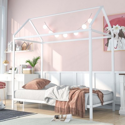 House Bed Frame Twin Size Kids Bed Frame Metal  Platform Bed  Floor Bed for Kids Boys Girls No Box Spring Needed White