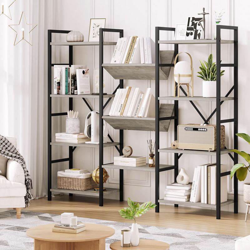 4 Tier Bookshelf, Industrial Bookcase with Storage, Open Large Metal Frame Display Shelves for Living Room, Bedroom, Home Office-Grey, 2 of 8
