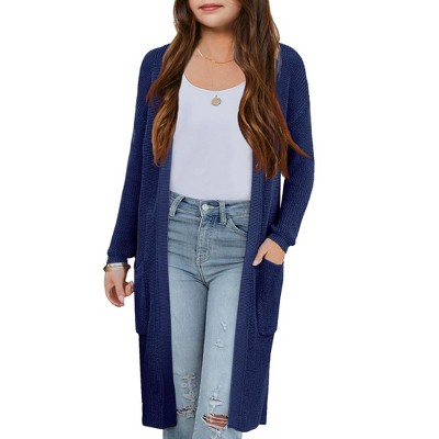 Girl's Long Cardigans Lightweight Sweater Knit Cardigan Open FrontLong Sleeve Shacket for Fall Longline Cardigan with Side Pockets,Navy Blue - L