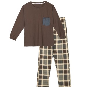 cheibear Sleepwear Long Sleeve with Pants Brown Plaid Family Pajama Sets - 1 of 3