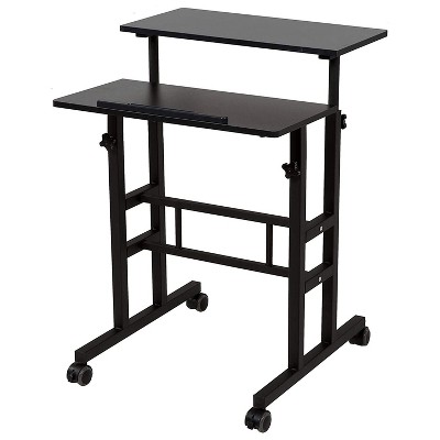 SDADI S001BFBT Adjustable-Height Steel-Framed Mobile Standing Office Computer Desk with 2 Tiers and Lockable Caster Wheels, Black