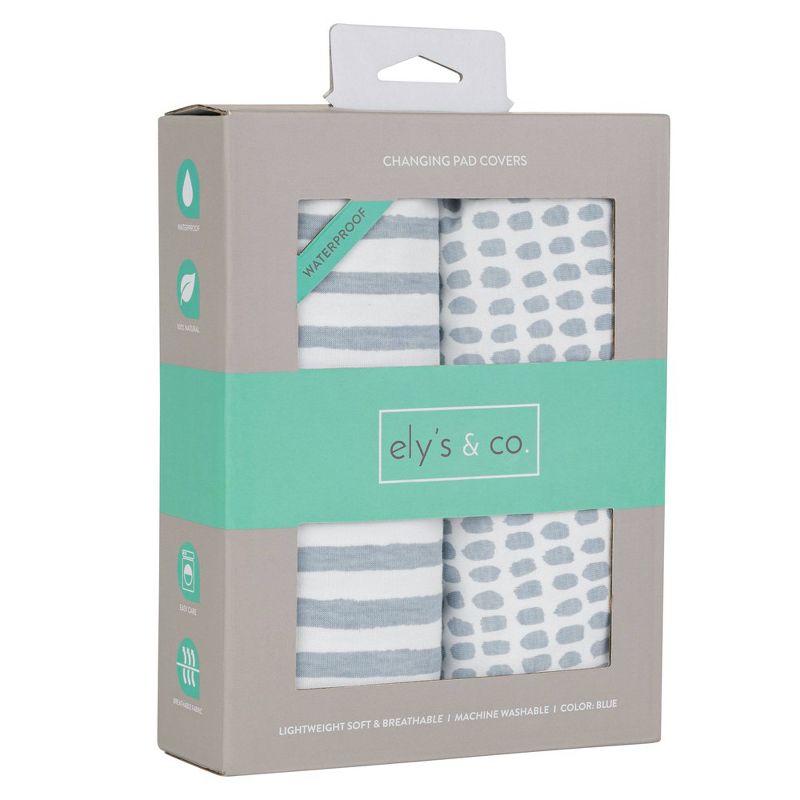 Ely's & Co. Baby Fitted Waterproof Sheet Set  100% Combed Jersey Cotton Misty Blue Stripes & Splash 2 Pack, 4 of 10