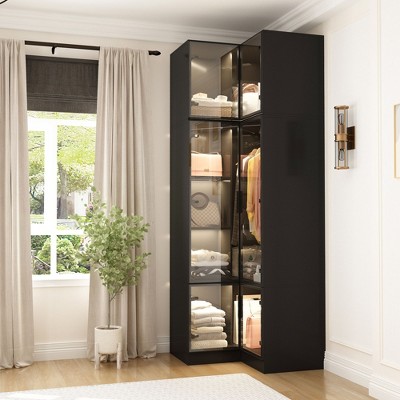 Famapy Black Elegant Corner Wardrobe with Glass Doors and LED Lights ...