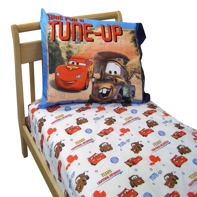 Disney Cars Team Lightning McQueen 2 Pack Super Soft Fitted Toddler Sheet and Pillowcase Set - Blue, Red and Brown, 1 of 4