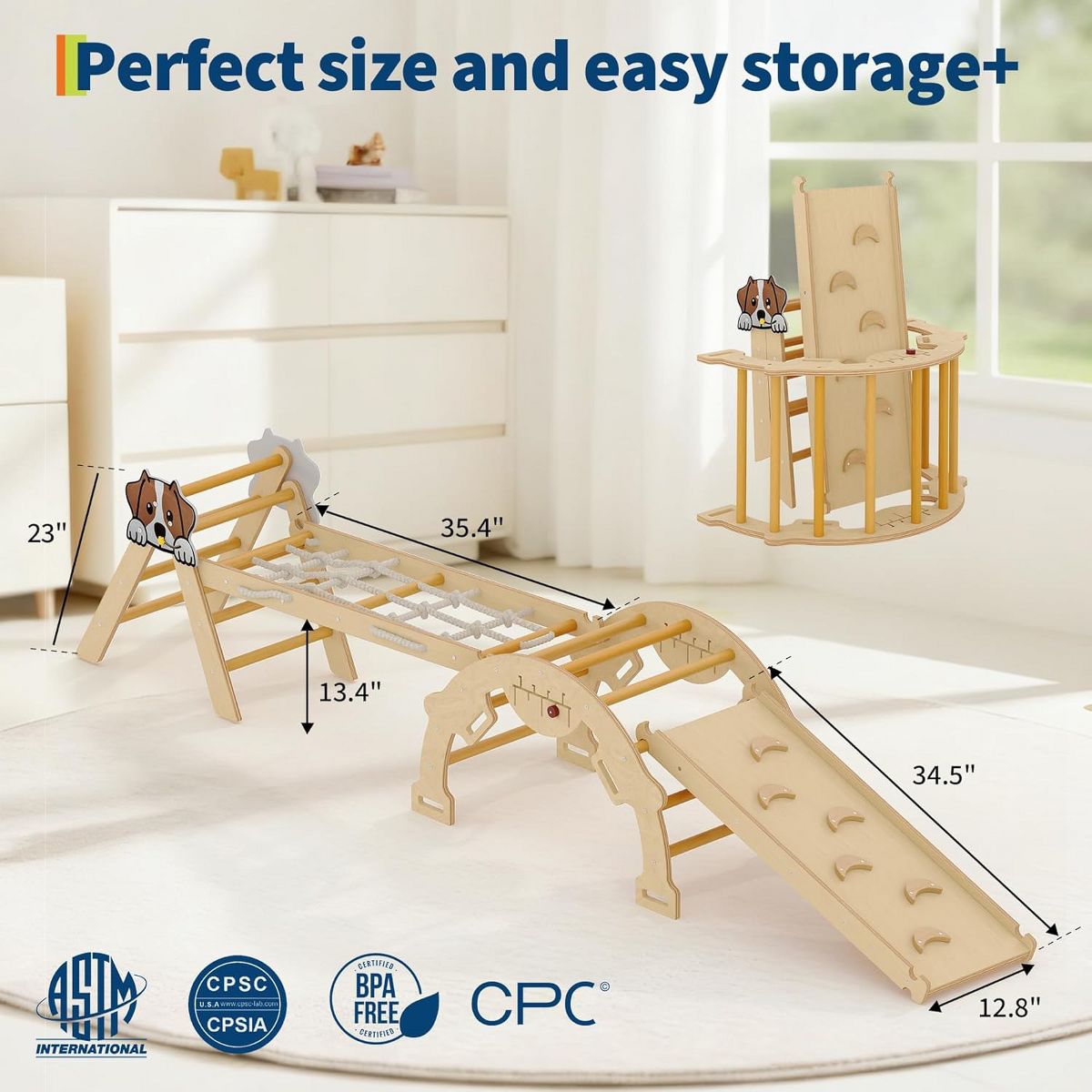 Wooden Climbing Triangle Set for Toddlers. 8-in-1 Foldable Play Gym with Slide. Arch & Rope Ladder. Indoor Jungle Gym for Kids 1+ Years - thumbnail 10