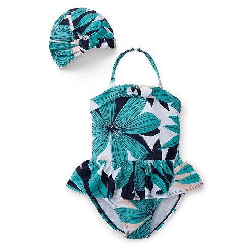 Hope Henry Girls Palm Print Set With One Piece Swimsuit And Swim Cap Palm Print 5 Target