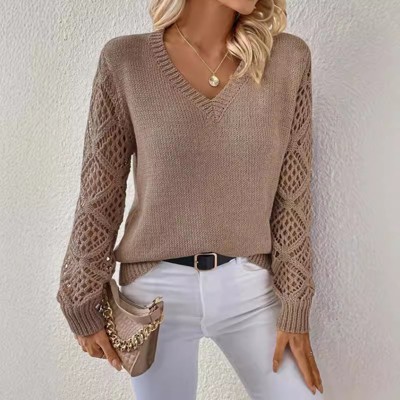Womens V Neck Tops Lace Knit Long Sleeve Casual Pullover Sweater Top