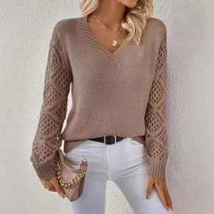 Womens V Neck Tops Lace Knit Long Sleeve Casual Pullover Sweater Top - 1 of 4