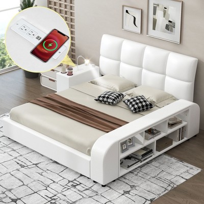 NicBex Queen Faux Leather Upholstered Platform Bed Frame with Multimedia Nightstand and Storage Shelves,No Box Spring Needed,Easy Assembly,Gray/White