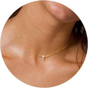 Dainty Gold Cross Necklace for Women, 14K Gold Plated Small Pendant Choker Gold-Tiny Cross Necklace - 1 of 4