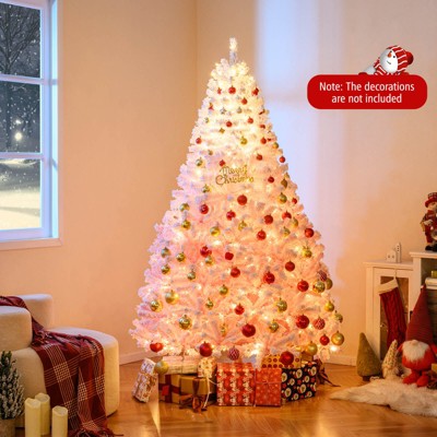 Costway 7 FT Artificial Christmas Tree with 350 Warm White LED Lights, 8 Lighting Modes & Folding Metal Stand White & Pink