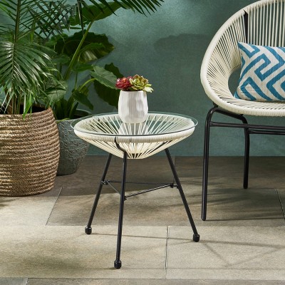 White Faux Rattan and Glass Outdoor Side Table with Black Iron Legs
