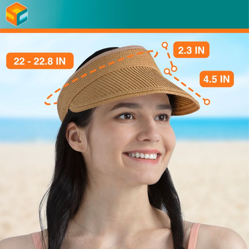 SUN CUBE Womens Straw Visor Hat, Wide Brim Straw Sun Hat Visor, Beach Cap Foldable Roll Up Travel Ponytail Golf Hat, 5 of 8