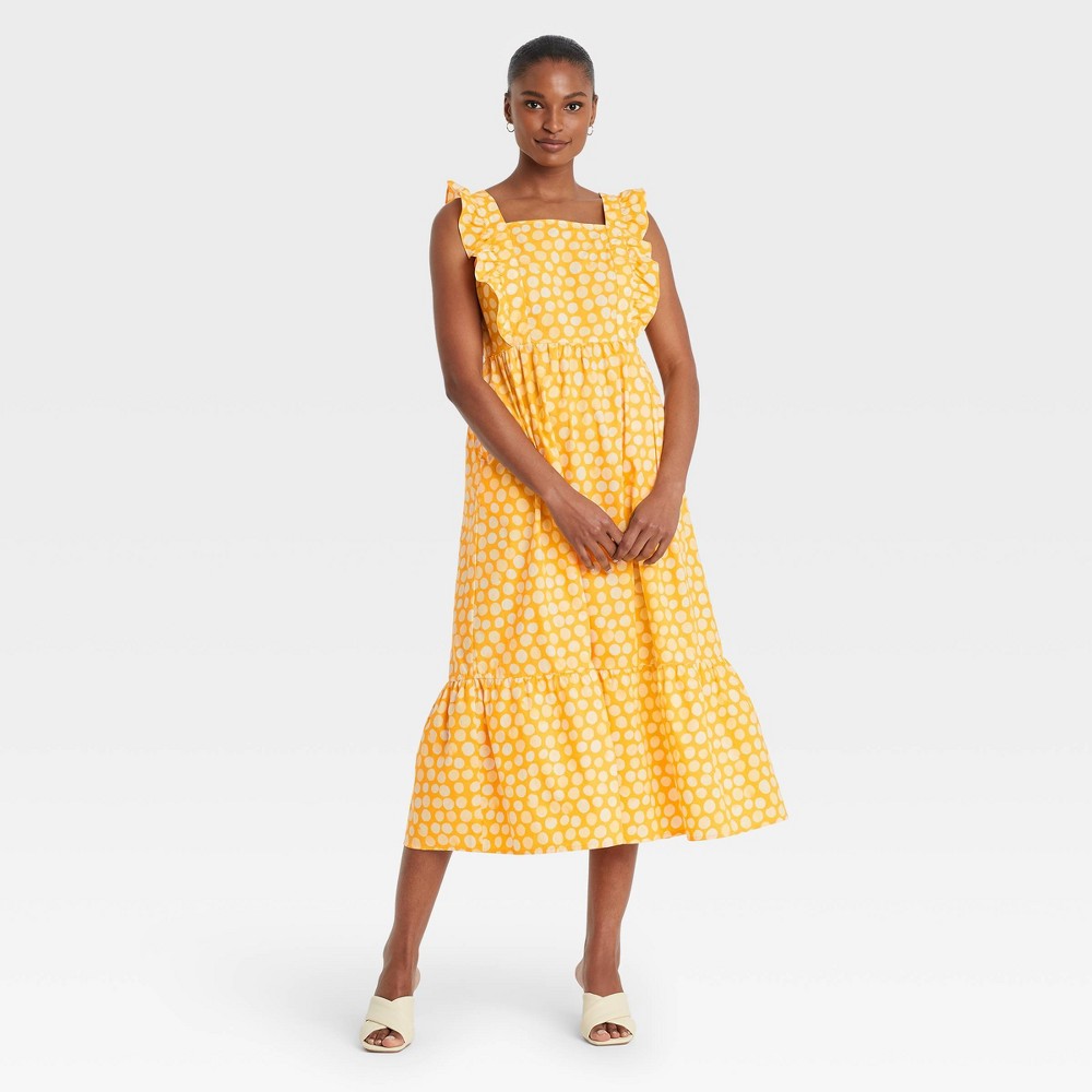 size Large Women's Ruffle Sleeveless Dress - Who What Wear Yellow Polka Dot