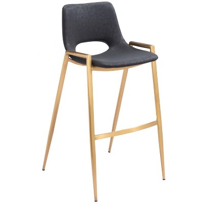 Faux Leather Barstool 39" H Black With Gold Electroplated Steel Frame and Armrests by Zuo Modern (Set of 2)