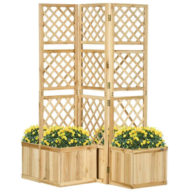 Outsunny Outdoor Privacy Screen with 4 Self-Draining Planters, 3 Hinged Privacy Panels for Hot Tub, Pool, Backyard, Deck, 1 of 7