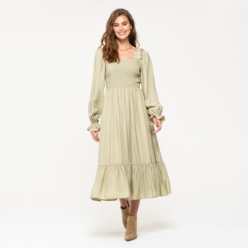 August Sky Women's Ruched Long Sleeve Midi Dress Rd2052_light