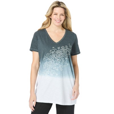 Woman Within Women's Plus Size Short-Sleeve V-Neck Embroidered Dip Dye Tunic