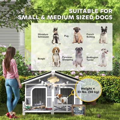 Elevated Large Wooden Dog House with Spacious Sun Deck, Gray