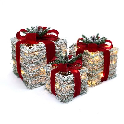 LuxenHome 3-Piece Frosted Faux Cedar Branch Giftbox Holiday Decoration Set with Battery Operated Lights Silver