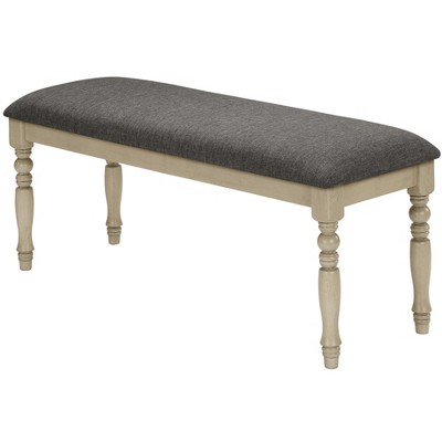 Antique Gray 48" Upholstered Wood Bench with Turned Legs