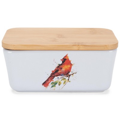 Nat & Jules Dean Crouser Cardinal Watercolor White 6.5 x 4 Ceramic and Bamboo Butter Dish
