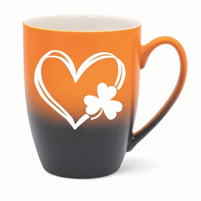 Elanze Designs Heart Outline With Three Leaf Clover Two Toned Ombre Matte 10 ounce New Bone China Coffee Tea Cup Mug, Orange and Black