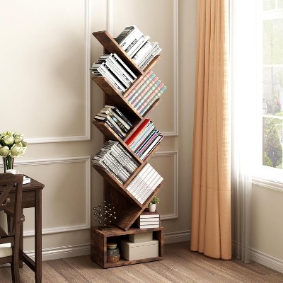 Homhougo Tree Bookshelf with Storage, 8 Tier Wooden Tall Book Shelf, Floor Standing Bookcase, Utility Organizer Shelves, Brown