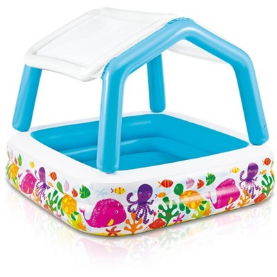 Intex 57470EP 5-Foot Square Kiddie Pool Inflatable Sun Shade Kids Swimming Pool With Canopy, Ocean Scene