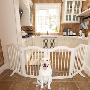 KTMBDW 27.6" Tall Freestanding Pet Gate,4 Panels Foldable Dog Gate,Wood Folding Safety Fence Wooden Dog Gate with 2 pcs Support Feet for Stairs,White - 1 of 4