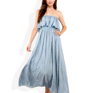 Anna-Kaci Women's Tube Ruffle Detail Layered Floral Print Flared Maxi Dress - 1 of 4