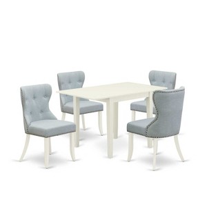 Dining Table Set 4 Chairs - Linen Fabric Blue & White - Modern Wood Kitchen Set - 1 of 4