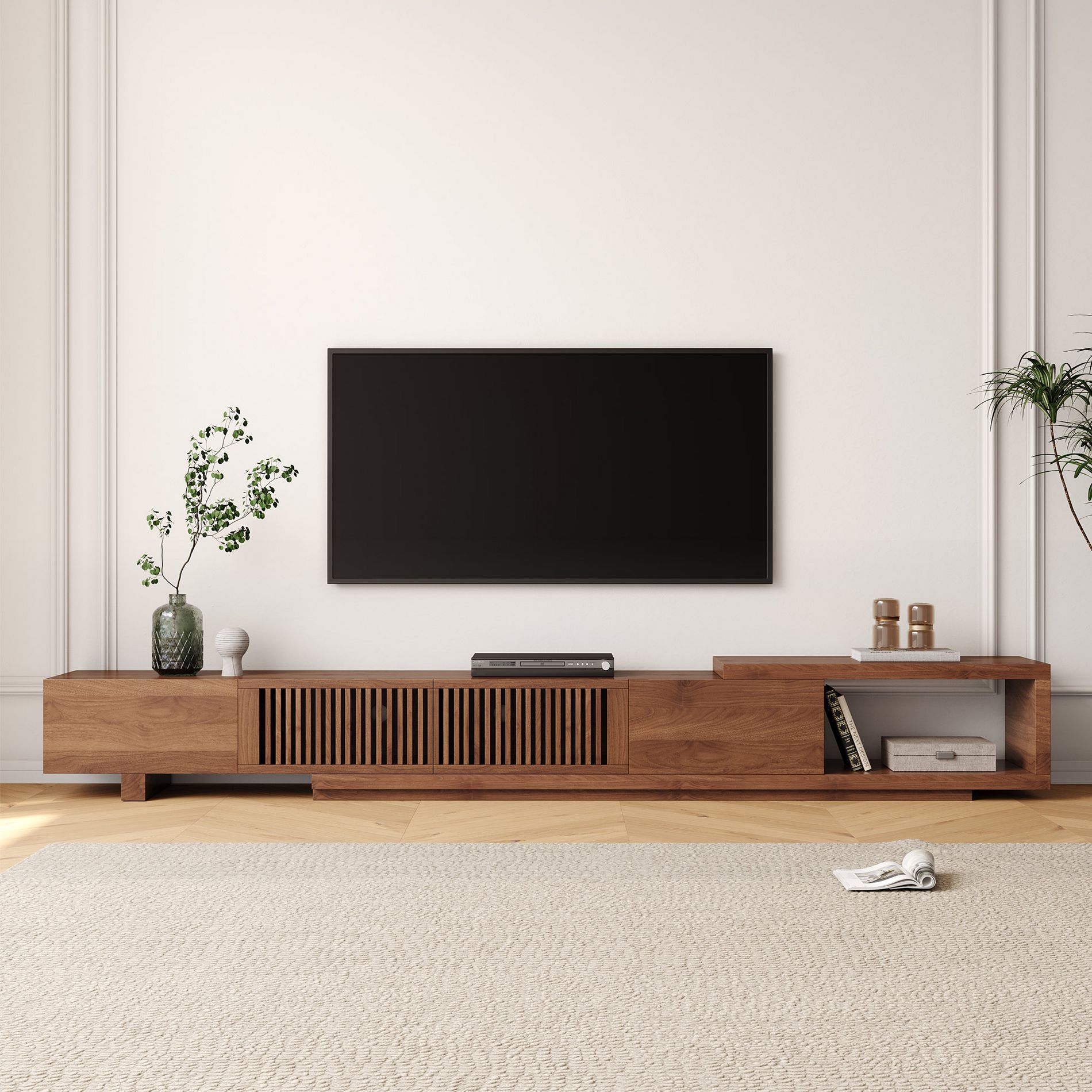 Luck Live 78.54in expandable TV stand with 2 drawers, 2 cabinet doors, one open storage, maximum 120 inches/Walnut color&Modern