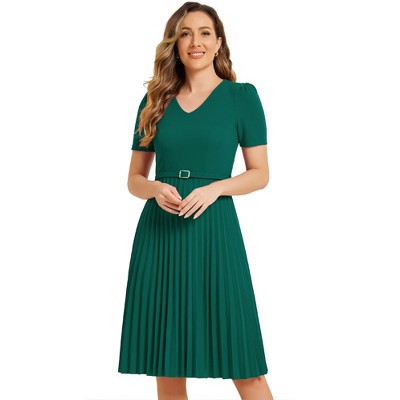 Allegra K Women's V-Neck Short Sleeve Belted A-Line Work Pleated Dress