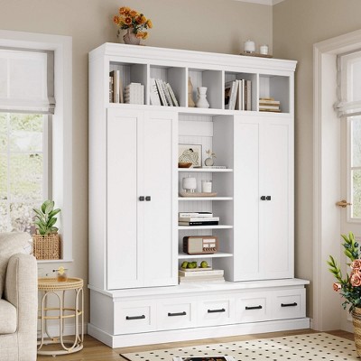 ORRD 78.7" Hall Tree with Bench - 5 Cubbies, 4 Doors & 5 Drawers, Entryway Storage Cabinet（Black）