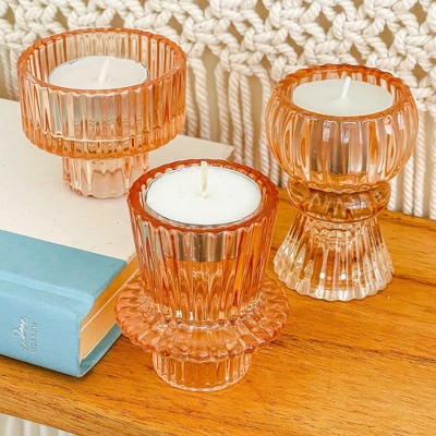 Rose Gold Ribbed Glass Candlestick Holders Set of 6