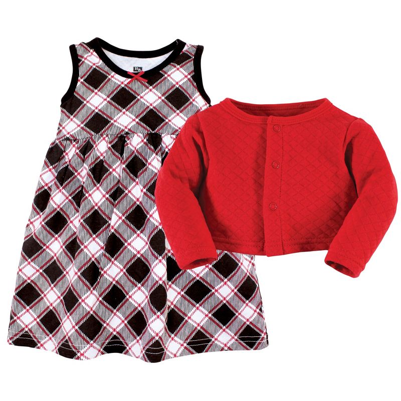 Hudson Baby Toddler and Baby Girl Quilted Cardigan and Dress, Black Red Plaid, 4 of 5