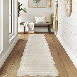2x6 ft Washable Area Rugs for Living Room, Modern Scalloped Rug for Bedroom, Non-Slip Stain Resistant Carpet for Dining Room Home Office Dorm, Beige - 1 of 4