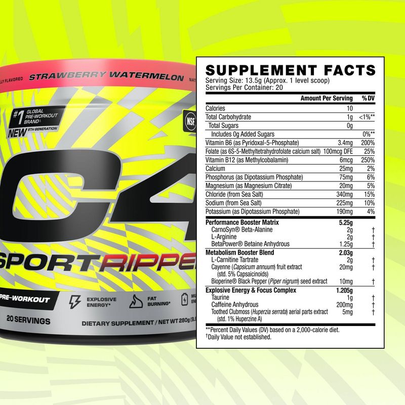 Cellucor C4 Sport Ripped Pre-Workout - Strawberry/Watermelon - 9.9oz/20 Servings, 3 of 10