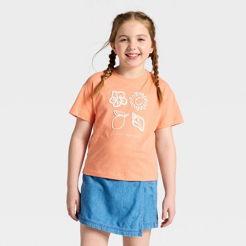 Cat & Jack Girls' Short Sleeve Relaxed Fit 'Summer Essentials' Graphic T-Shirt - Cat & Jack™ Peach Orange M