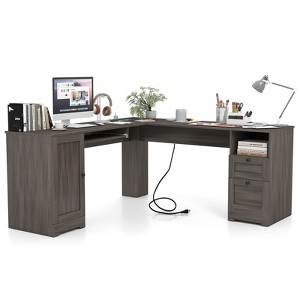 Costway L-Shaped Corner Computer Desk Writing Table Study Workstation w/ Drawers Coffee - 1 of 4