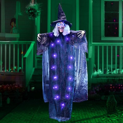Joyfy 72” Halloween Decoration Hanging Animated Talking Witch, Light Up Ghost with Purple Eyes,Party Supplies For Haunted Front Porch Garden Yard Lawn
