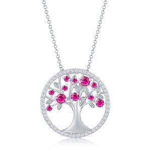 Bella Silver Sterling Silver, 'July' Birthstone Tree of Life Necklace - Ruby CZ - 1 of 2