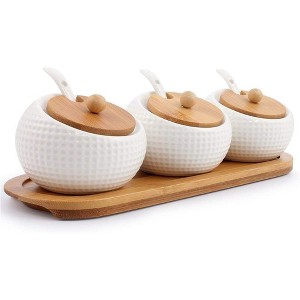 Aoibox Porcelain Condiment Jar Spice Container with Bamboo Lids, Ceramic Spoon & Wooden Tray - Elegant Set of 3 for Kitchen & Home - 1 of 4