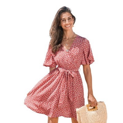 Women's Coral Floral Print Wrap Dress - Cupshe